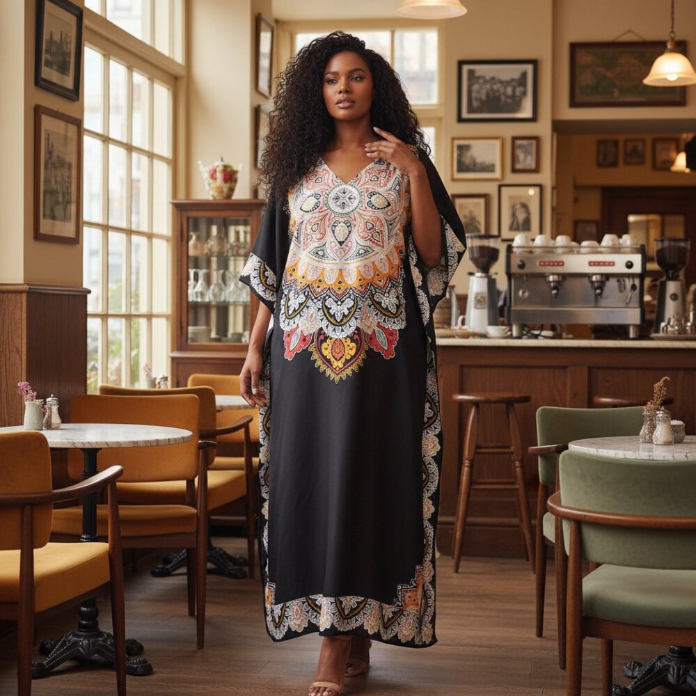 Gypsie Blu Black Geometric Caftan Cover up Maxi Dress Kimono Sleeve for Women